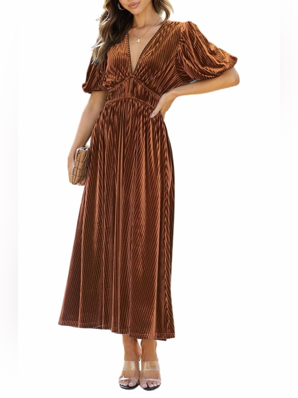 Brown Pleated Velvet Maxi Dress with V-Neck